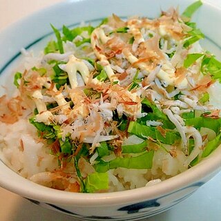 麺つゆ/マヨ/削り節で　小松菜としらすのっけてご飯